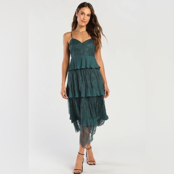 Lulus Tier For The Romance Emerald Green Tiered Lace Midi Dress - Picture 2 of 3